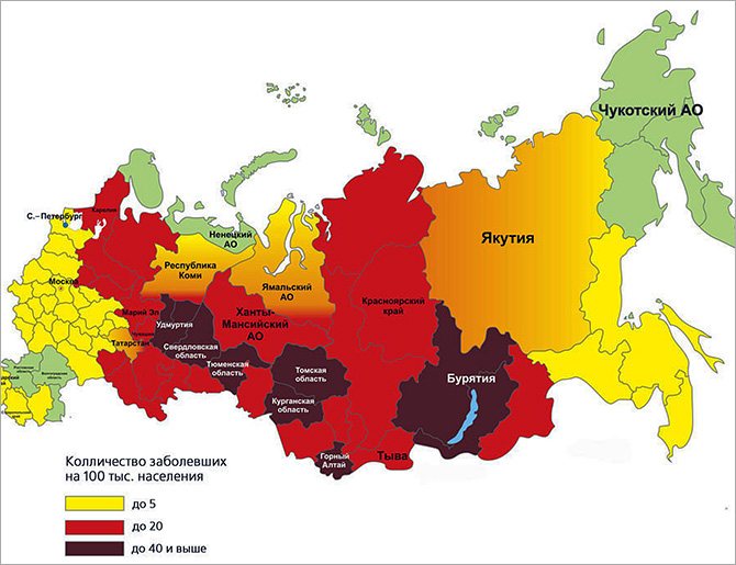 Карта распространения клещевого энцефалита в РФ.
