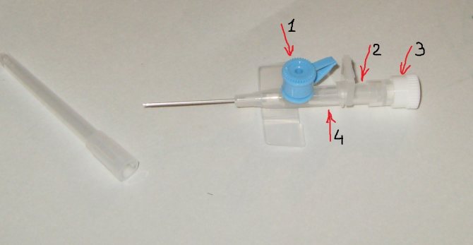Конструкция браунюли: 1 — клапан, под которым находится отверстие для введения препаратов (бывает разных цветов); 2 — часть стилета, который после установки катетера извлекается; 3 — навинчивающаяся крышка, перекрывающая вход в кровяной сосуд; 4 — канюля, к которой подсоединяется система или шприц без иглы
