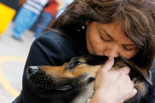 Женщина обнимает пса
